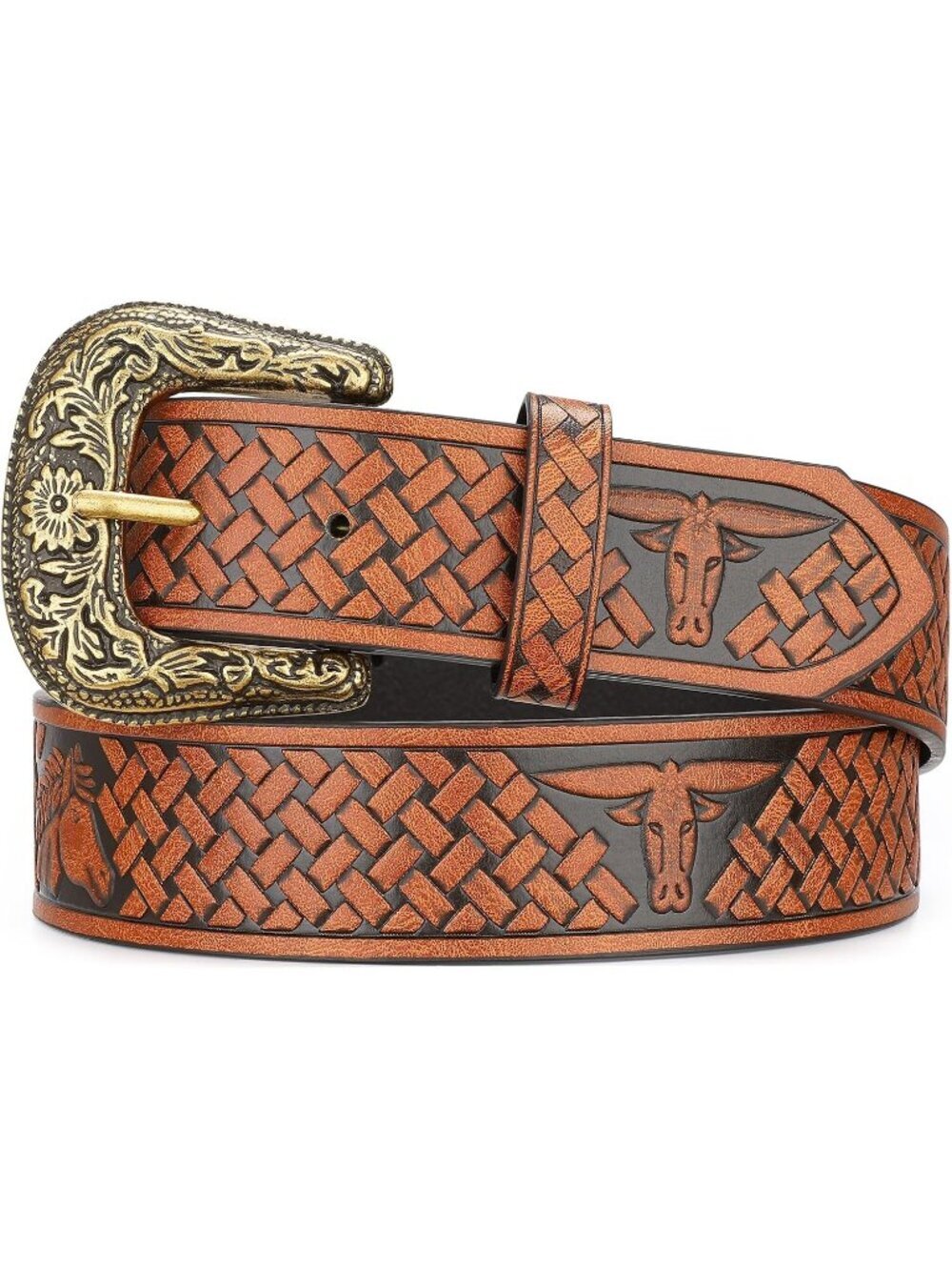 Women's Brown Faux Leather Belt Western Cowboy Vintage Engraved Buckle Belt